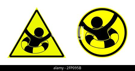 Notruf, Satz gelber Warnschilder mit Rettungsring. Hilfe beim Ertrinken, erste Hilfe auf dem Wasser. Isolierter Vektor Stock Vektor