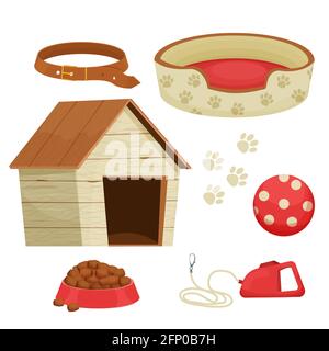 Set von Zubehör für Hunde mit Zwinger, Spielzeug, Kragen verschiedene Stäbe für die Tierpflege isoliert auf weißem Hintergrund im Cartoon-Stil. Abholung der Ausrüstung Stock Vektor