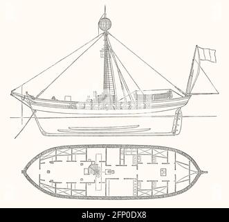 Ruytingen-Feuerschiff vor Anker im Fairway-Eingang zwischen Outer-Ruytingen und Inner Ruytingen bei Dünkirchen, Frankreich, 19. Jahrhundert Stockfoto