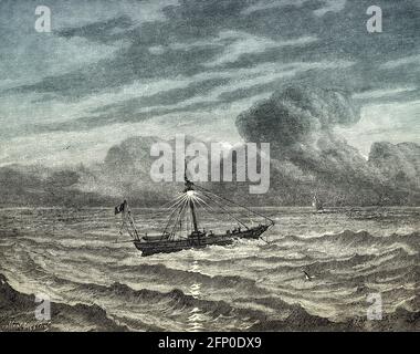 Ruytingen-Feuerschiff vor Anker im Fairway-Eingang zwischen Outer-Ruytingen und Inner Ruytingen bei Dünkirchen, Frankreich, 19. Jahrhundert Stockfoto