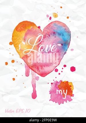 Aquarell Valentinstag Herz Schriftzug Love in rosa, rot und orange auf hellem Hintergrund. Stock Vektor
