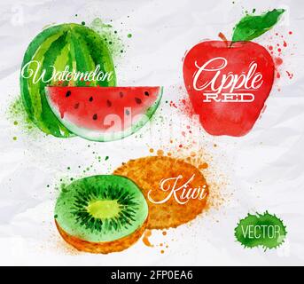 Obst-Set gezeichnet Aquarell Flecken und Flecken mit einem Spray Wassermelone, Kiwi, Apfelrot Stock Vektor