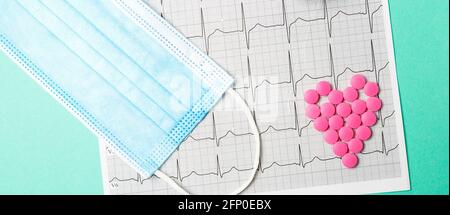 Ein Haufen roter Pillen in Herzform auf dem Kardiogramm. Medizinisches Konzept. Stockfoto