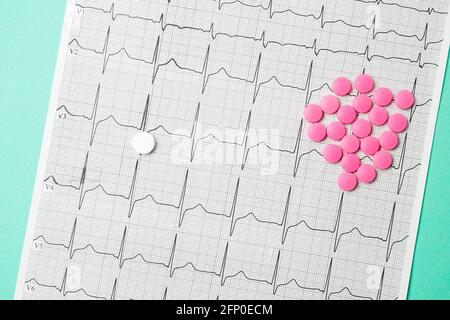 Ein Haufen roter Pillen in Herzform auf dem Kardiogramm. Medizinisches Konzept. Stockfoto