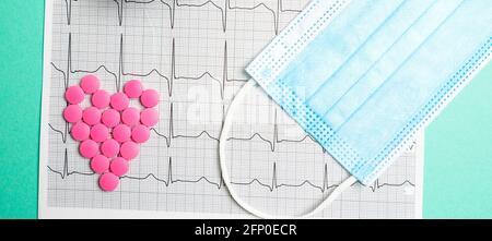 Ein Haufen roter Pillen in Herzform auf dem Kardiogramm. Medizinisches Konzept. Stockfoto