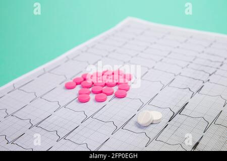 Ein Haufen roter Pillen in Herzform auf dem Kardiogramm. Medizinisches Konzept. Stockfoto