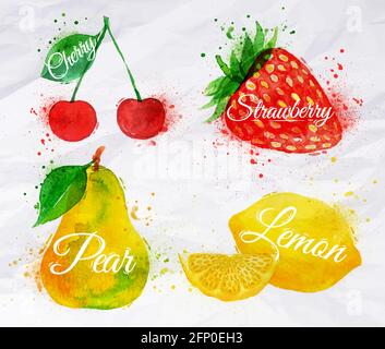 Obst-Set gezeichnet Aquarell Flecken und Flecken mit einem Spray Kirsche, Zitrone, Erdbeere, Birne Stock Vektor