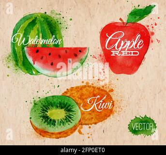 Obst-Set gezeichnet Aquarell Flecken und Flecken mit einem Spray Wassermelone, Kiwi, Apfel rot in Kraft Stock Vektor