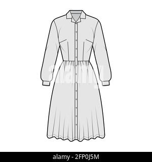 Kleid Hemd technische Mode Illustration mit langen Ärmeln, Camp Kragen, taillierten Körper, knielangen Rock, Knopfverschluss. Flatwear Front, grau gehalten. Frauen, Männer Unisex-CAD-Modell Stock Vektor