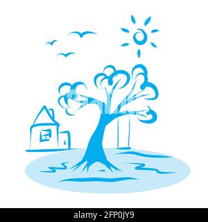 Handgezeichnete Landschaft mit Haus, Sonne und Bäumen. Vektorgrafik. Handbemalt. Hintergrund, Symbol, Illustration. Stock Vektor