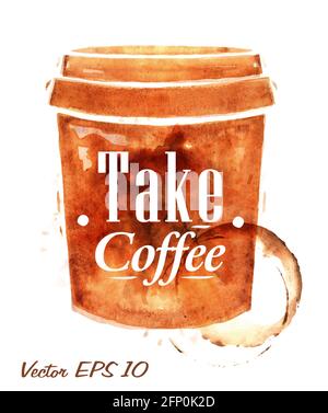 Plastikbecher Kaffee gezeichnet gießen Kaffee mit der Aufschrift Nehmen Sie Kaffee mit Spritzern und Blots druckt Tasse Vektor 10 Stock Vektor