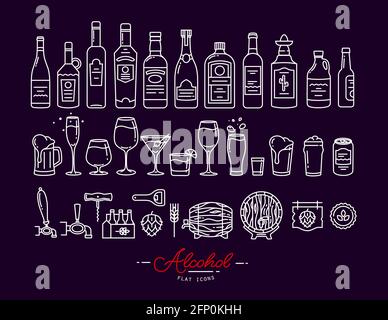 Satz von Alkohol-Symbolen in flacher Zeichnung mit Weiß Linien auf violettem Hintergrund Stock Vektor