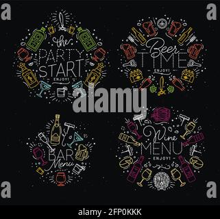 Satz von Alkohol-Monogrammen in flacher Zeichnung mit Farbe Linien auf schwarzem Hintergrund Stock Vektor