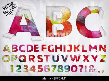 Alphabet umwickelte Kante der Buchstaben, die aus zerknittert herausgeschnitten wurden Papier auf Aquarellhintergrund Stock Vektor