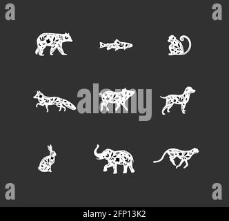 Set von Tieren florale Grafik Silhouetten Bär, Fisch, Affe, Fuchs, Schwein, Hund, Kaninchen, Elefant, Geparden auf dunklem Hintergrund Stock Vektor