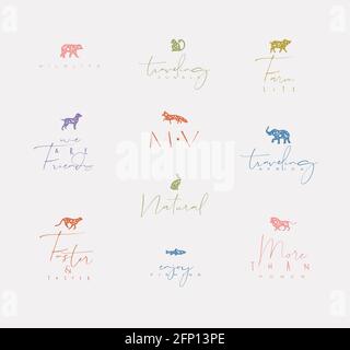 Set von Tieren Mini Blumen Grafik Zeichen Bär, Fisch, Affe, Fuchs, Schwein, Hund, Kaninchen, Elefant, Gepard, Löwe mit Schriftzug Zeichnung mit Farbe auf schmutzig Stock Vektor