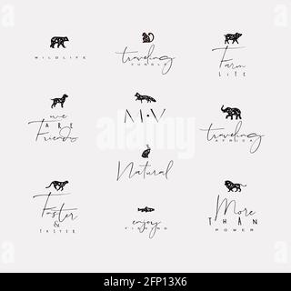 Set von Tieren Mini Blumen Grafik Zeichen Bär, Fisch, Affe, Fuchs, Schwein, Hund, Kaninchen, Elefant, Gepard, Löwe mit Schriftzeichnung auf schmutzigem Hintergrund Stock Vektor