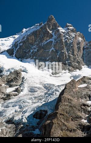 La Meije (3984 m) und Gletscher im Ecrins-Nationalpark, gelegen an der Grenze der Hautes-Alpes (05) und Isère (38), Alpen, Frankreich Stockfoto