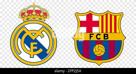 Vinnytsia, Ukraine - 19. Mai 2021: Logos von zwei besten spanischen Fußballvereinen: FC Barcelona und Real Madrid. Vektor auf transparentem Hintergrund isoliert Stock Vektor