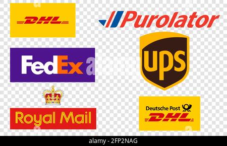 Vinnytsia, Ukraine - 20. Mai 2021: Satz von führenden Paketzustellern Logos. UPS, DHL, FedEx, Purolator, Royal Mail, Deutsche Post. Editorial ve Stock Vektor