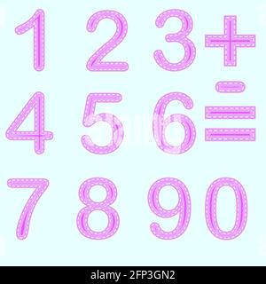 Eine Reihe von Zahlen von Null bis neun, im Stil der Nähen, Nachahmung von Patches und Nähte Stock Vektor