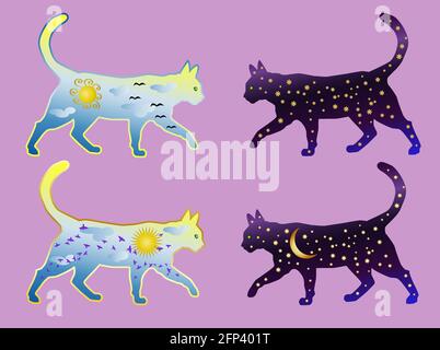 Ein Satz von vier Katzen, zwei Katzen-Tag und zwei Katzen-Nacht. Katze Silhouette gemalt mit Tag Himmel, mit Wolken, Sonne, Vögel und Katze Silhouette gemalt mit Nacht Stock Vektor
