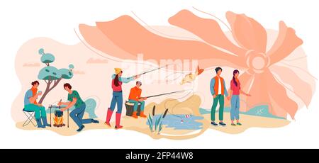 Sommerlager im Wald mit Menschen, die die Natur genießen, flache Vektorgrafik isoliert auf weißem Hintergrund. Sommer Camping, Wandern und touristische Aktivitäten Stock Vektor