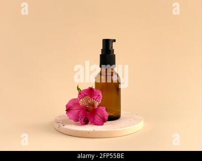 Braunglasflasche für Hautkosmetik oder Gel-Desinfektionsmittel, natürliches Konzept Stockfoto