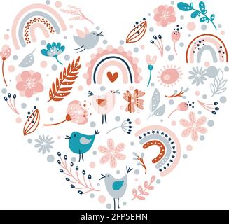 Vektor Blumen Sommer valentine Herz. Frühlingsstrauß mit handgezeichneten Blumen, Regenbögen und Pflanzen. Skandinavische romantische Liebesdarstellung Stock Vektor