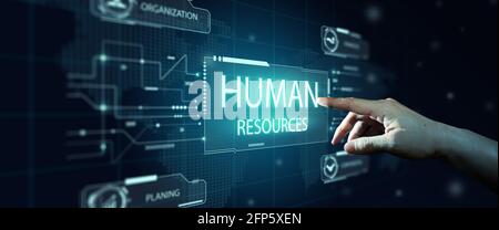 HR futuristisch und Officer Hand mit blauem abstraktem Hintergrund. Personalwesen, Personalmanagement, Personalbeschaffung, Beschäftigung, Headhunting. Stockfoto