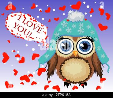 Schönes cartoon braune Eule umgeben von Herzen sagt, ich liebe dich. Liebe in der Luft, Valentinstag, Postkarte Stock Vektor