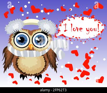 Schönes cartoon braune Eule umgeben von Herzen sagt, ich liebe dich. Liebe in der Luft, Valentinstag, Postkarte Stock Vektor