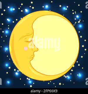 Volle Monat mit einem geschlossenen Auge in einem blauen Nachthimmel mit Sternen Stock Vektor