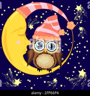 Eine niedliche braune Eule in einer Schlafmütze sitzt Auf einem ruhenden Halbmond gegen einen Nachthimmel mit Sterne Stock Vektor