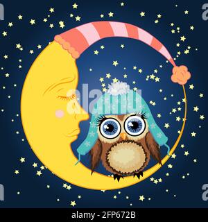 Ein süßes Cartoon braune Eule in eine blaue Kappe sitzt auf einem dösen Crescent vor dem Hintergrund der Nachthimmel mit Sternen Stock Vektor