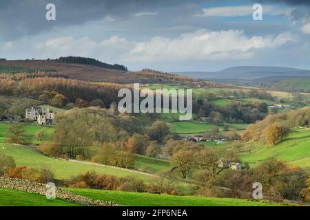 Malerisches ländliches herbstliches Wharfedale (grünes Tal, sanfte Hügel, hohe Hochlandfells und Moore, Barden Bridge und Tower Ruins) - Yorkshire Dales England, Großbritannien. Stockfoto