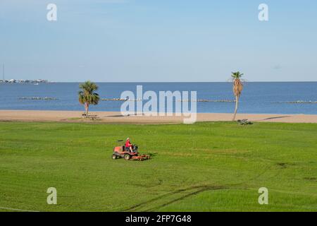 Wartungsarbeiter auf dem Rasenmäher schneidet das Gras mit Vermilion Bay im Hintergrund im Cypremort State Park, Louisiana, USA Stockfoto