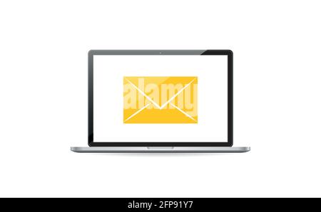 Laptop mit Briefumschlag. Computer und Dokument auf dem Bildschirm. Vektorgrafik im flachen Stil. Stock Vektor