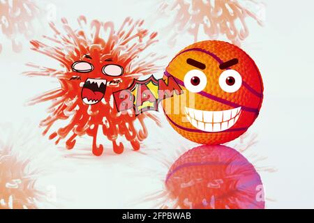 Basketball schlägt den Corona-Virus, lustige Illustration der Destryoung des Virus. Stockfoto