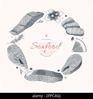 Meeresfrüchte-Menü-Design, Frame-Vektor-Vorlage mit Logo und handgezeichneter Tinte Illustration von Lachs Fisch und Meeresfrüchten. Modernes Design mit Platz für Kopien Stock Vektor