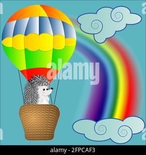 Eine süße kleine Igel fliegen in Cartoons, eine große sperrige Ballon mit einem Korb im Himmel inmitten von weißen Wolken und einen Regenbogen. Fliegen, Glück, befreit Stock Vektor