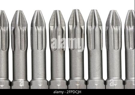 Satz von Bits für die Schrauben. Auswahl von austauschbaren Formen und Bits für einen Schraubendreher. Makroansicht von Werkzeugen. Stockfoto