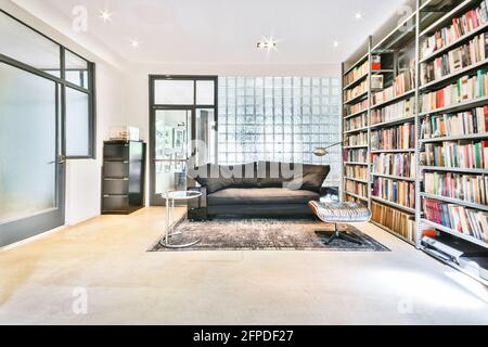 Gemütliches Interieur Design der geräumigen Hausbibliothek mit komfortablem Sofa Und Teppich in der Nähe von Bücherregalen in modernen Wohnung Stockfoto