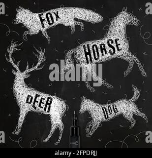 Feder Hand Zeichnung verwickeln Wildtiere Hirsch, Pferd, Fuchs, Hund mit Aufschrift Namen der Tiere Zeichnung mit weißer Tinte auf schwarzem Hintergrund Stock Vektor