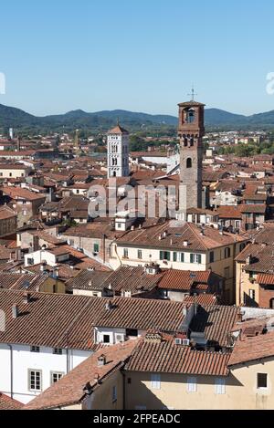 Dächer von Lucca Stadt vom Torre Ginigi Turm. Toskana Mittelitalien Stockfoto