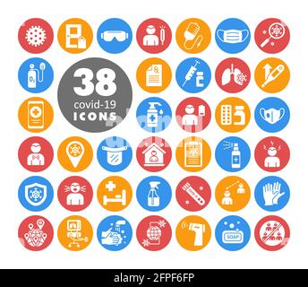 Einstellen von weißen Glyphensymbolen für Corona-Virus-Vektor. Symptome und schützende Viren weiße Glyphen Symbole im Zusammenhang mit Coronavirus, 2019-nCoV. Humane Lungenentzündung covi Stock Vektor