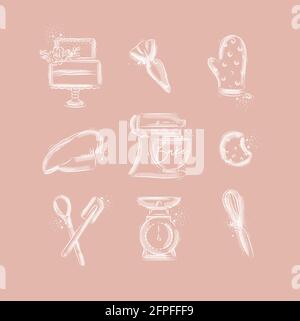 Backwaren Icon Set mit illustriertem Gebäckbeutel, Kuchen, Handschuhen, Kochkappe, Knetmaschine, Kekse, Gebäck Ausrüstung, Schuppen, Schneebesen in Hand Zeichnung Stil o Stock Vektor