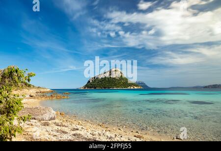 Sonniger Blick auf die Insel Figarolo, die an einem sonnigen Tag von einem türkisfarbenen Wasser umspült wird. Stockfoto