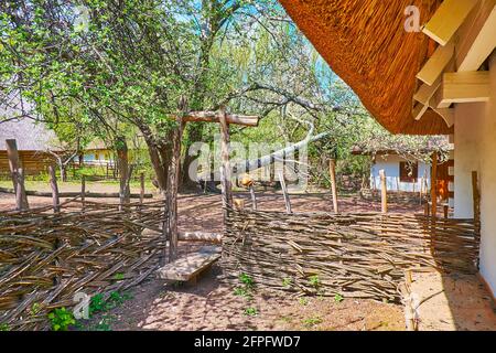 Der Weidenzaun und ein kleines Holzdickicht in Scansen des Kosakendorfes Mamajeva Sloboda, Kiew, Ukraine Stockfoto