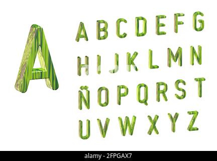 3d-Illustration des hölzernen Alphabets. Buchstaben von A bis Z in Großbuchstaben. Grüne Farbe. Stockfoto